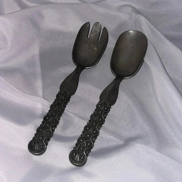MID-CENTURY PEWTER SPOON FORK SERVING SET by David-Andersen Guttorm Gagnes 1960s - Picture 2 of 3